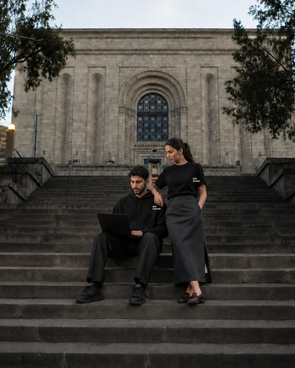 Two models on stone steps in Yerevan wearing a black URISH hoodie and T-shirt beside a laptop