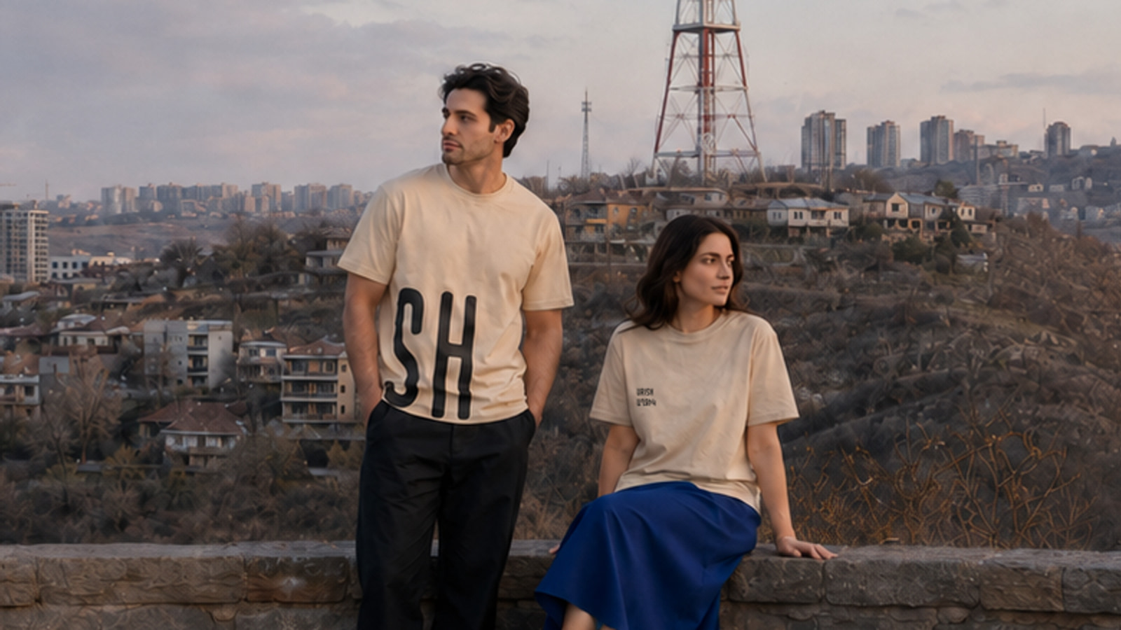 Two models wearing beige URISH T-shirts with the Yerevan skyline and television tower behind them