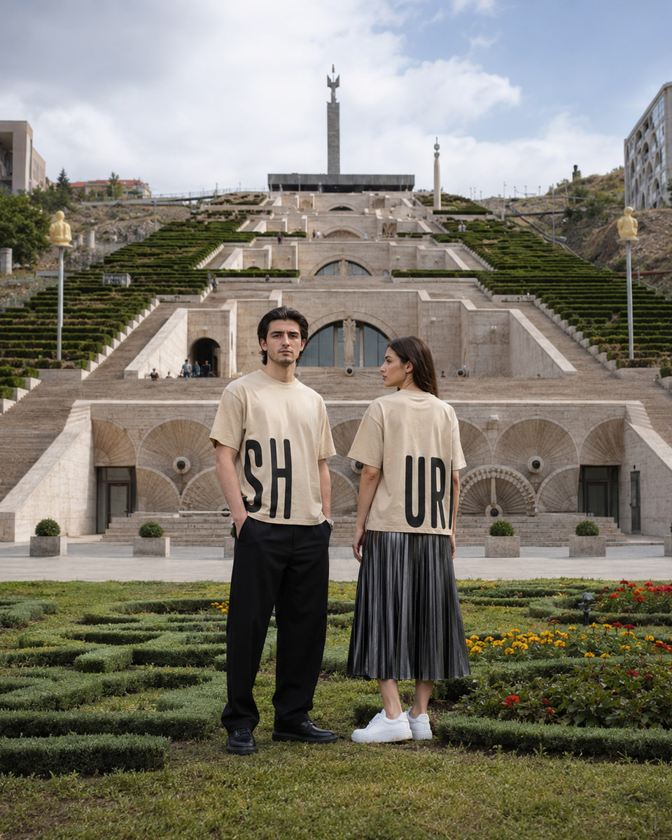 Two models in front of the Cascade showing the front and back of beige URISH Wrap T-shirts