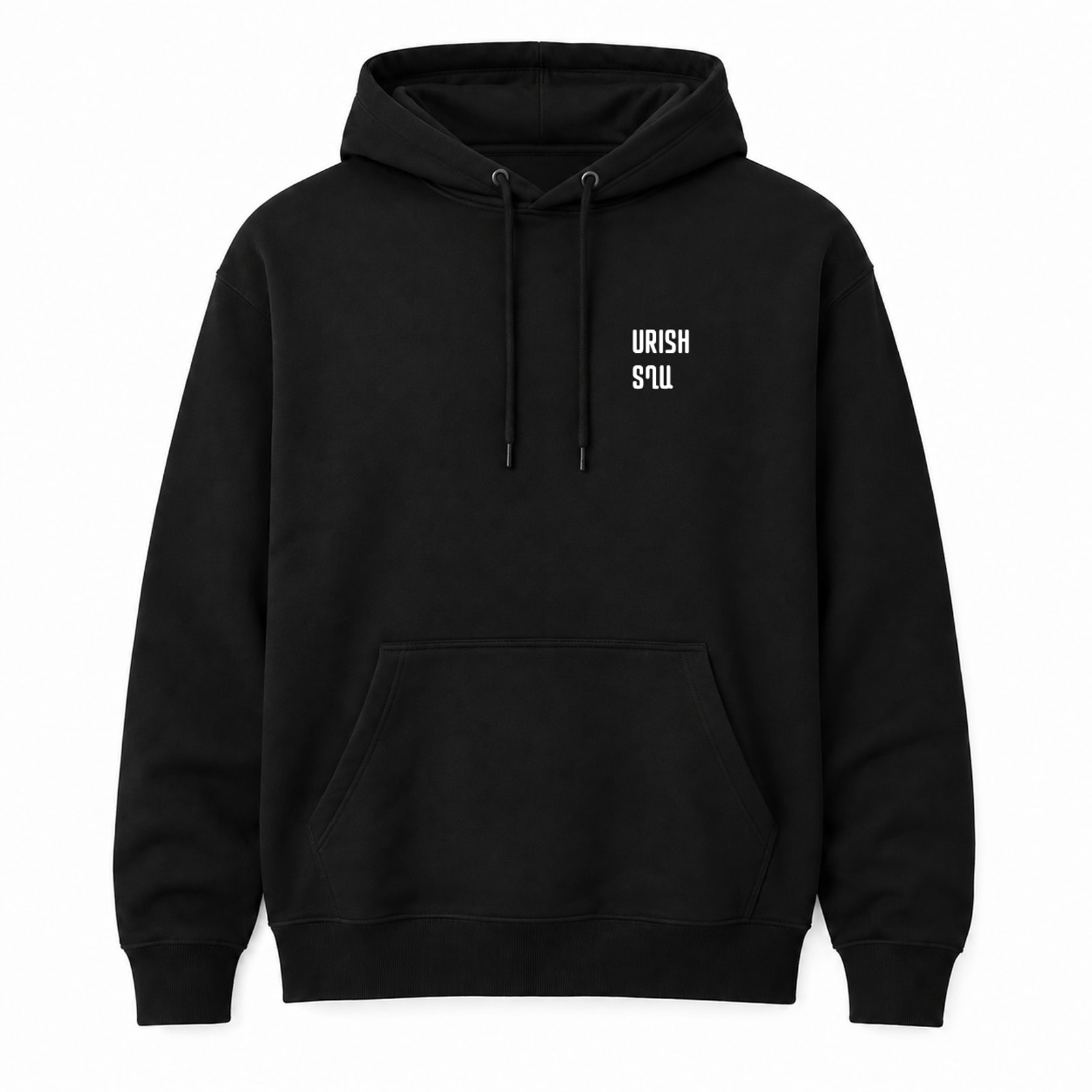 Black hoodie with white “URISH ՏՂԱ” lettering